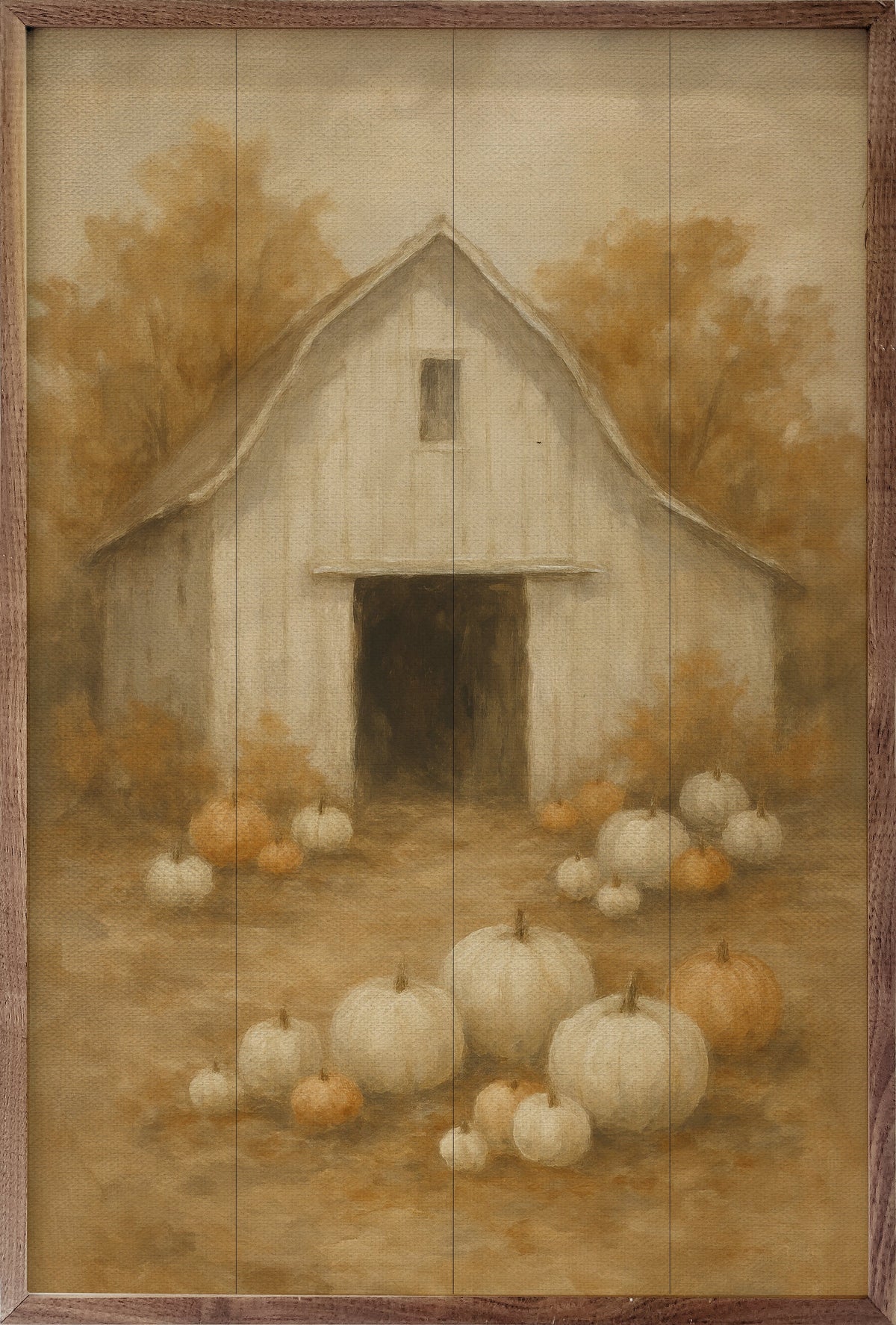 Vintage White Barn Pumpkin Patch Wood Framed Print