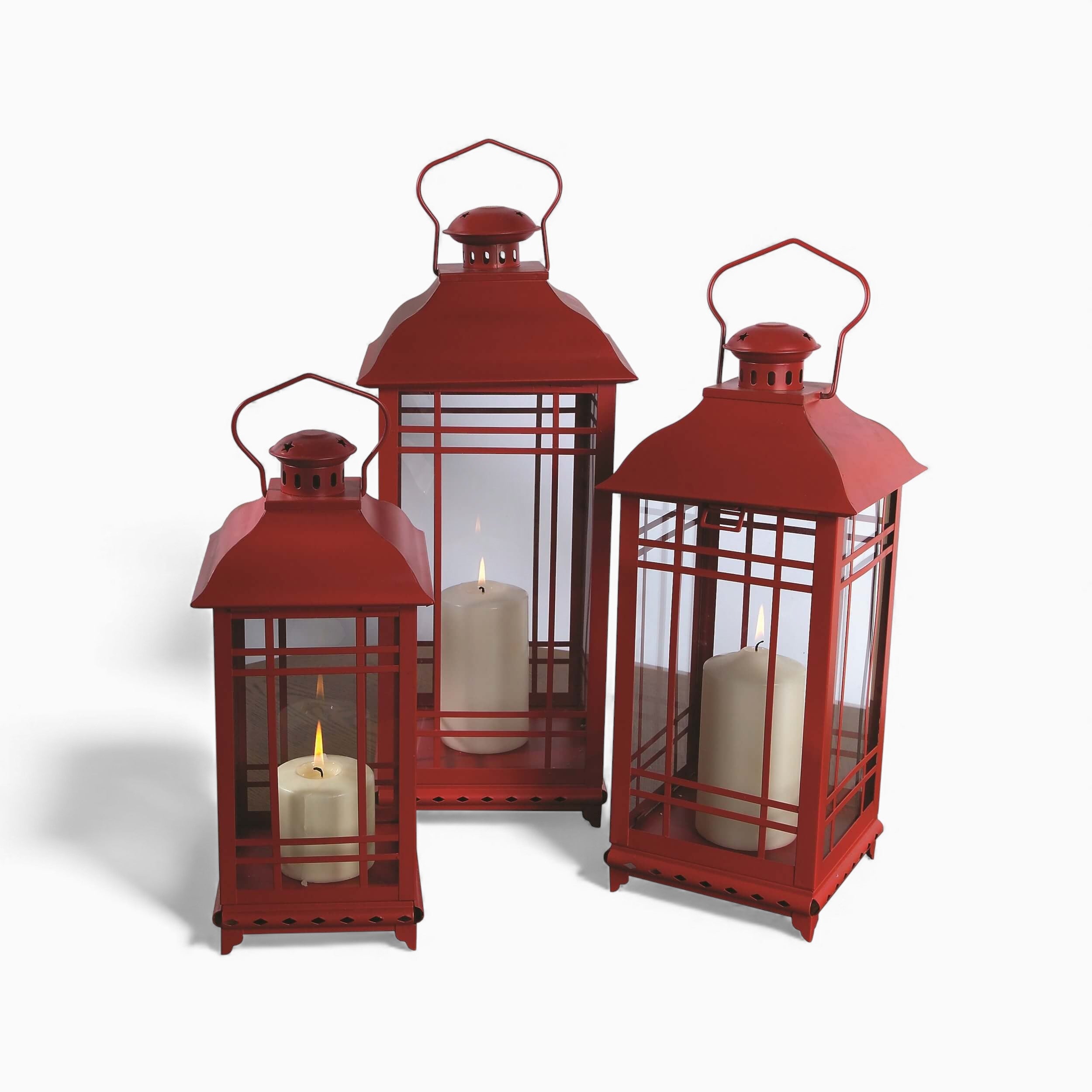 Red Metal Windowpane Lantern Set