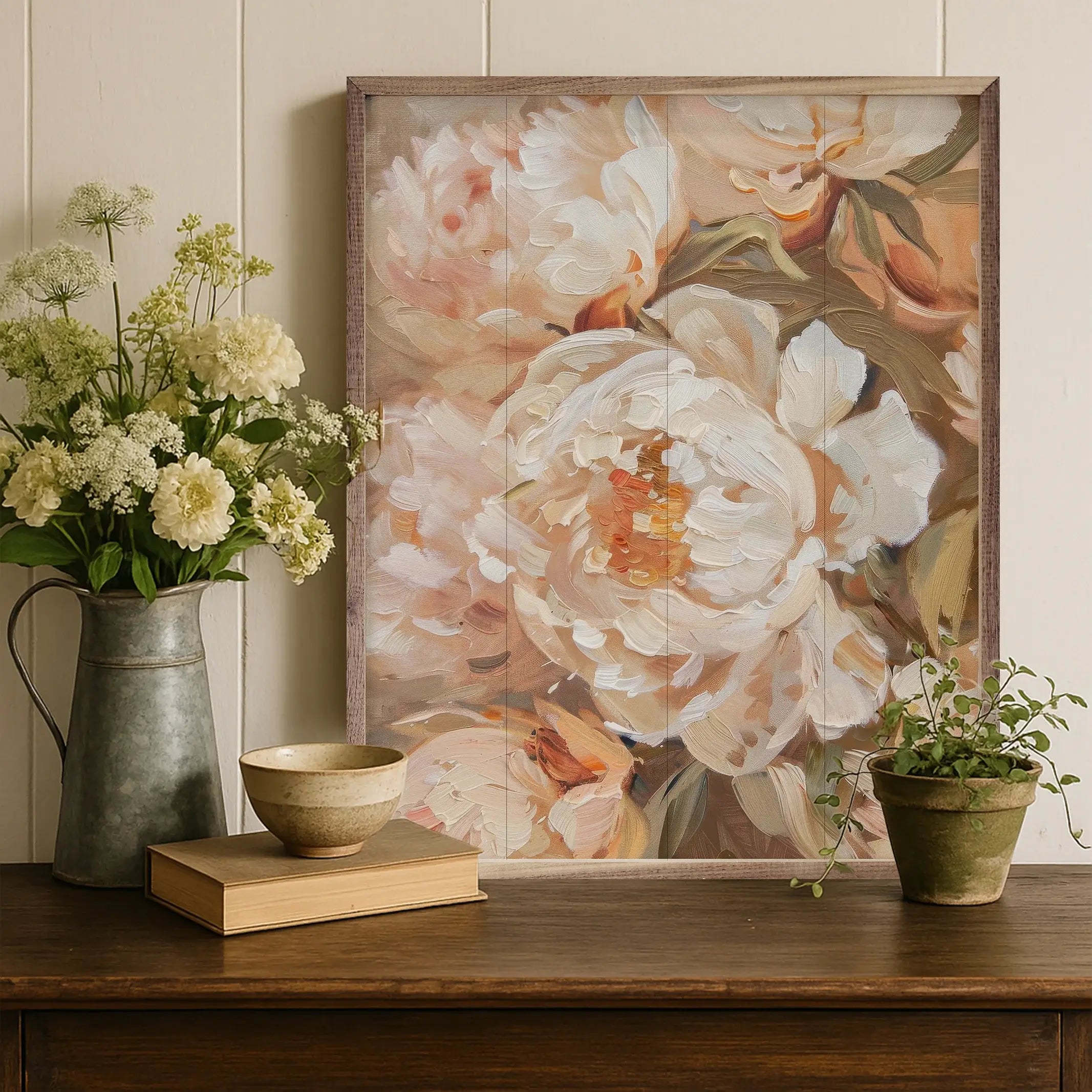 Peachy Peonies Wood Framed Print
