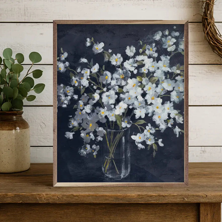 Fresh White Bouquet Indigo Crop Wood Framed Print