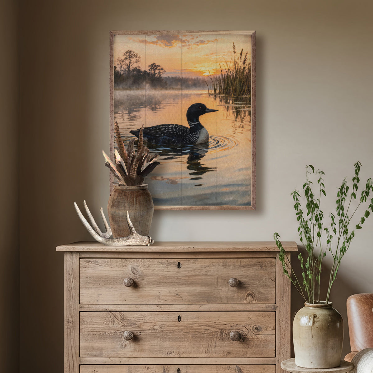 Loon In The Morning Wood Framed Print