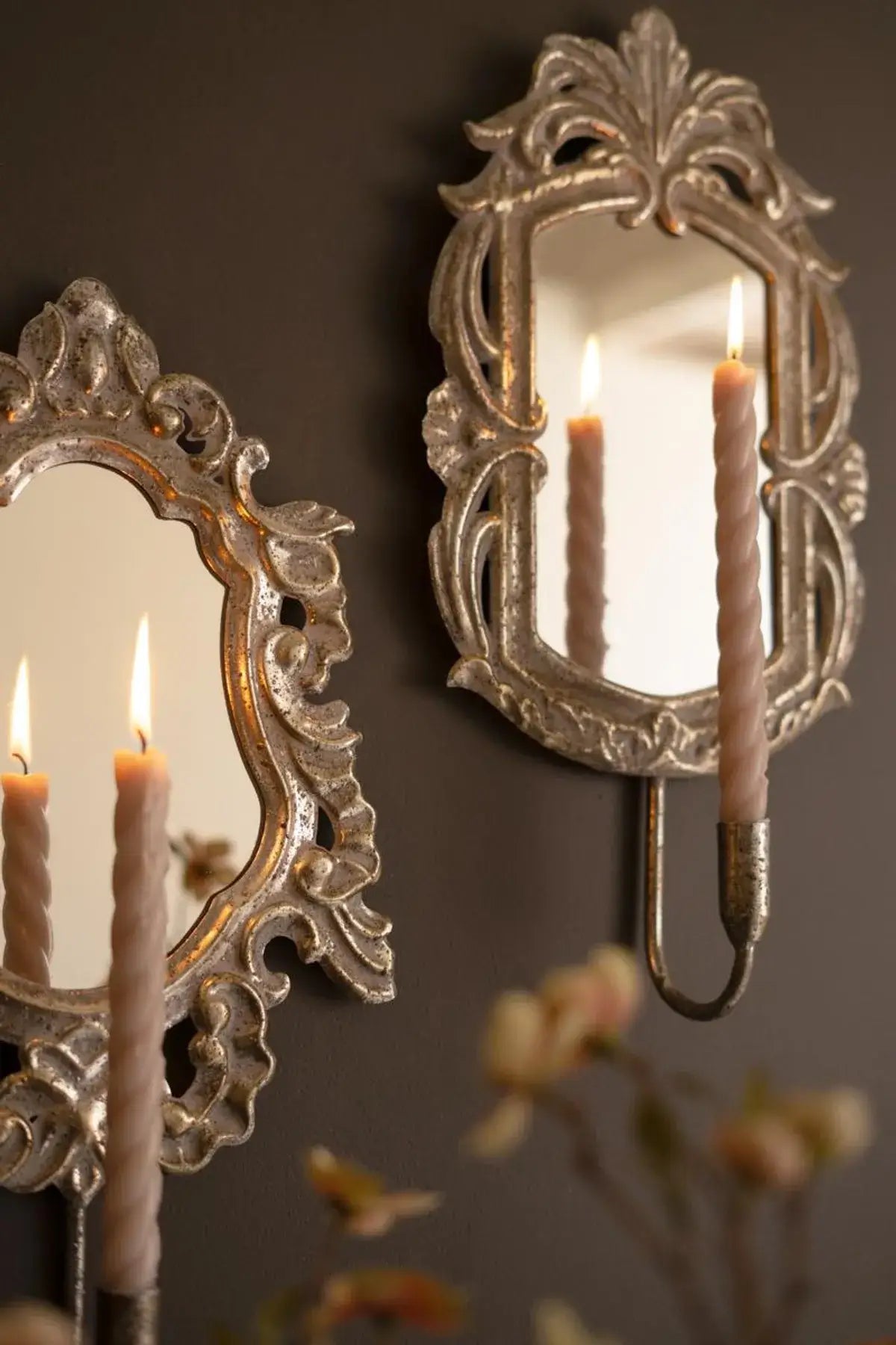 Ornate Rustic Metal Framed Mirror Taper Sconce Set