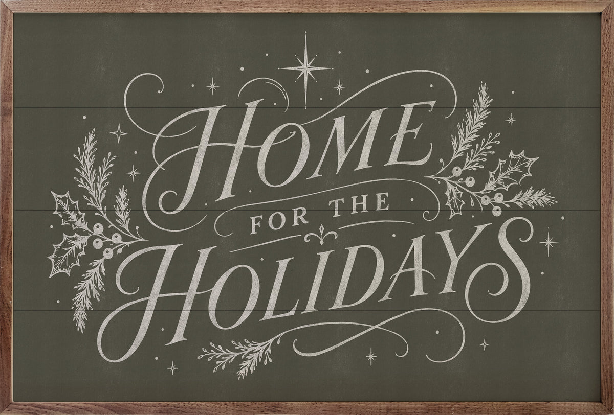 Home For The Holidays Typography Wood Framed Print
