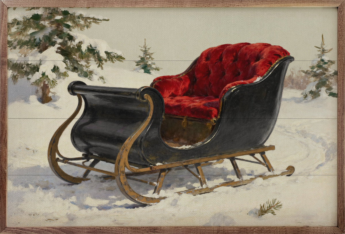 Red Velvet Sleigh Wood Framed Print