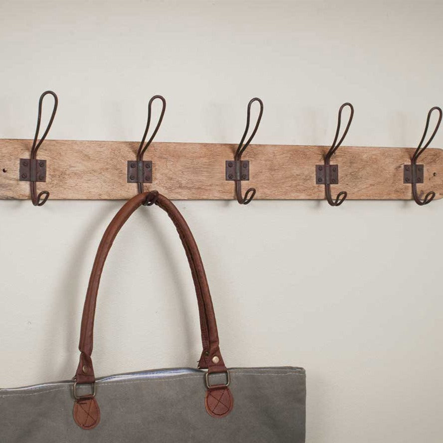 Wood Coat Rack With Metal Hooks Set
