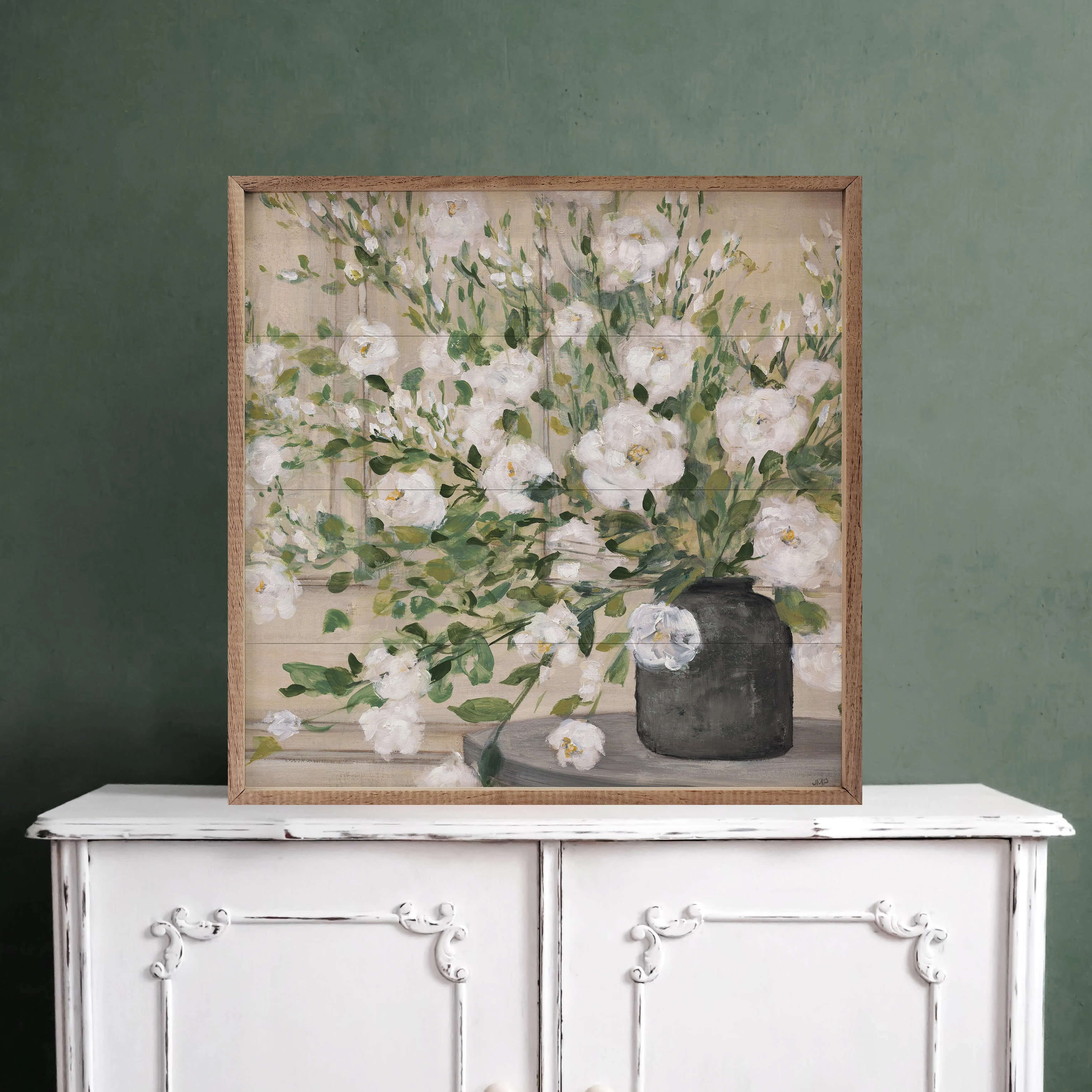 White Bouquet Gray Vase By Julia Purinton Wood Framed Print