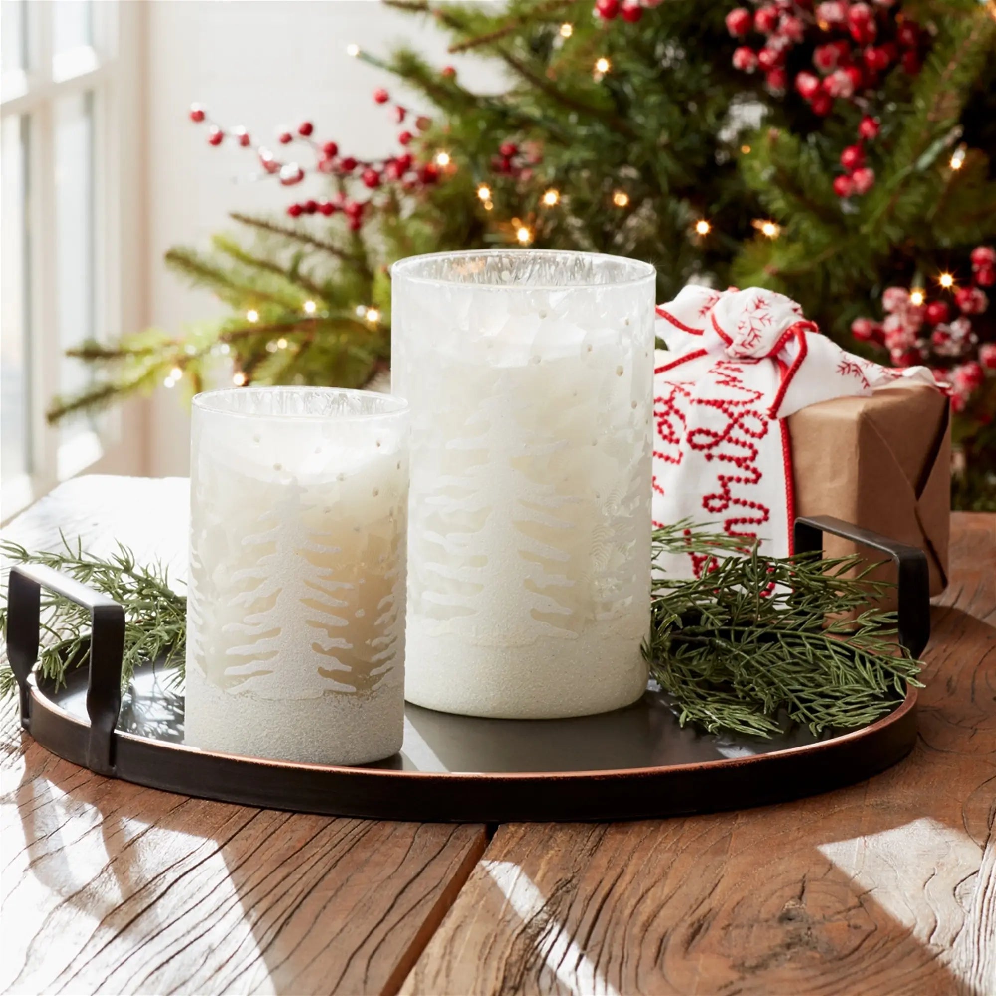 Frosted Snowy Forest Candle Holder Set