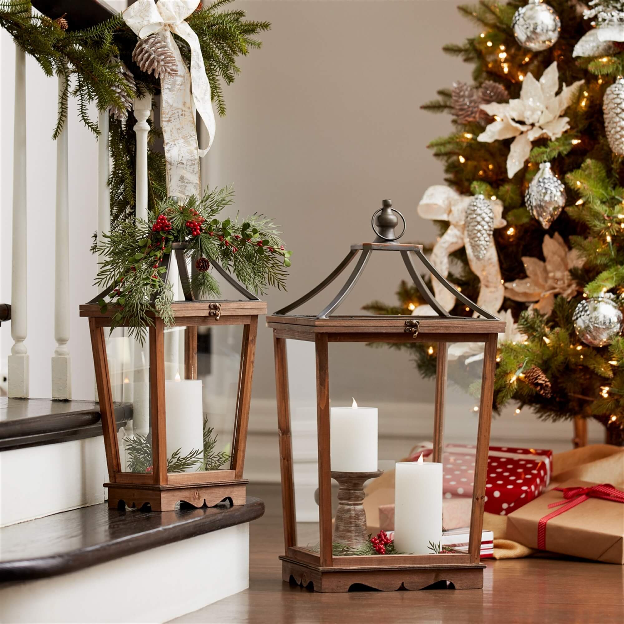 Wood & Metal Open Lantern Set