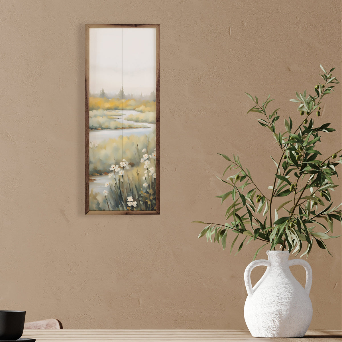 Creek With White Flowers Wood Framed Print
