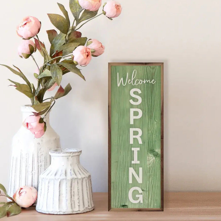 Welcome Spring Sage Wood Framed Print