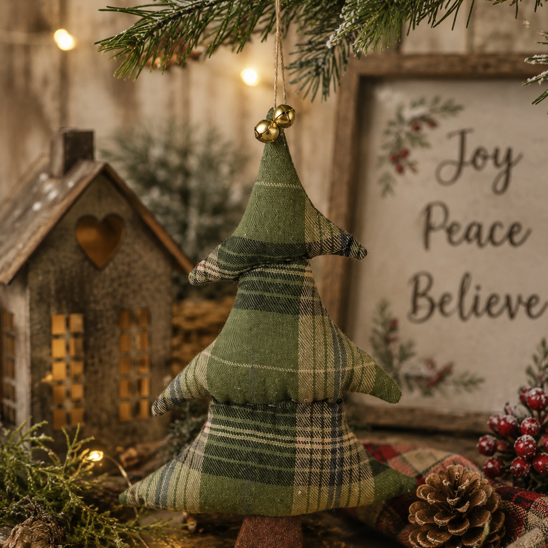 Plaid Fabric Tree With Jingle Bells Ornament