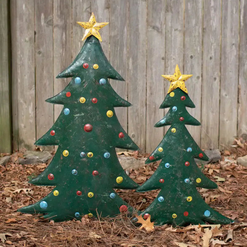 Hand Hammered Metal Christmas Tree Yard Stake Set