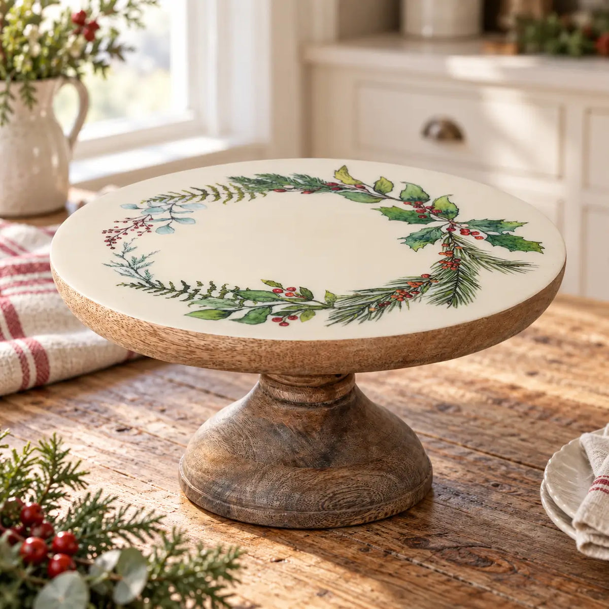 Pine Boughs & Berries Mango Wood Pedestal