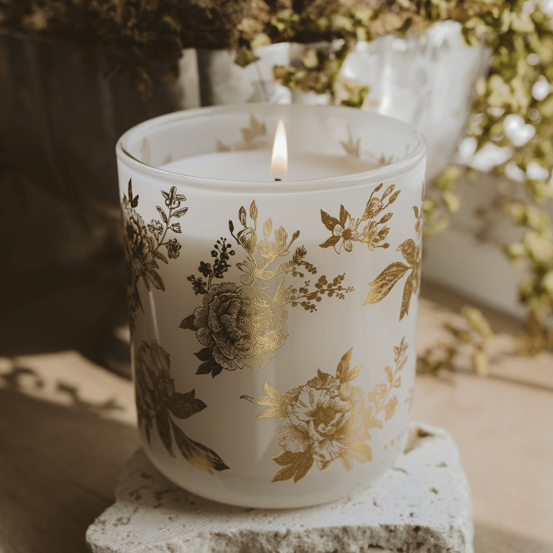 Gold Floral Translucent Tinted Glass Jar Candle