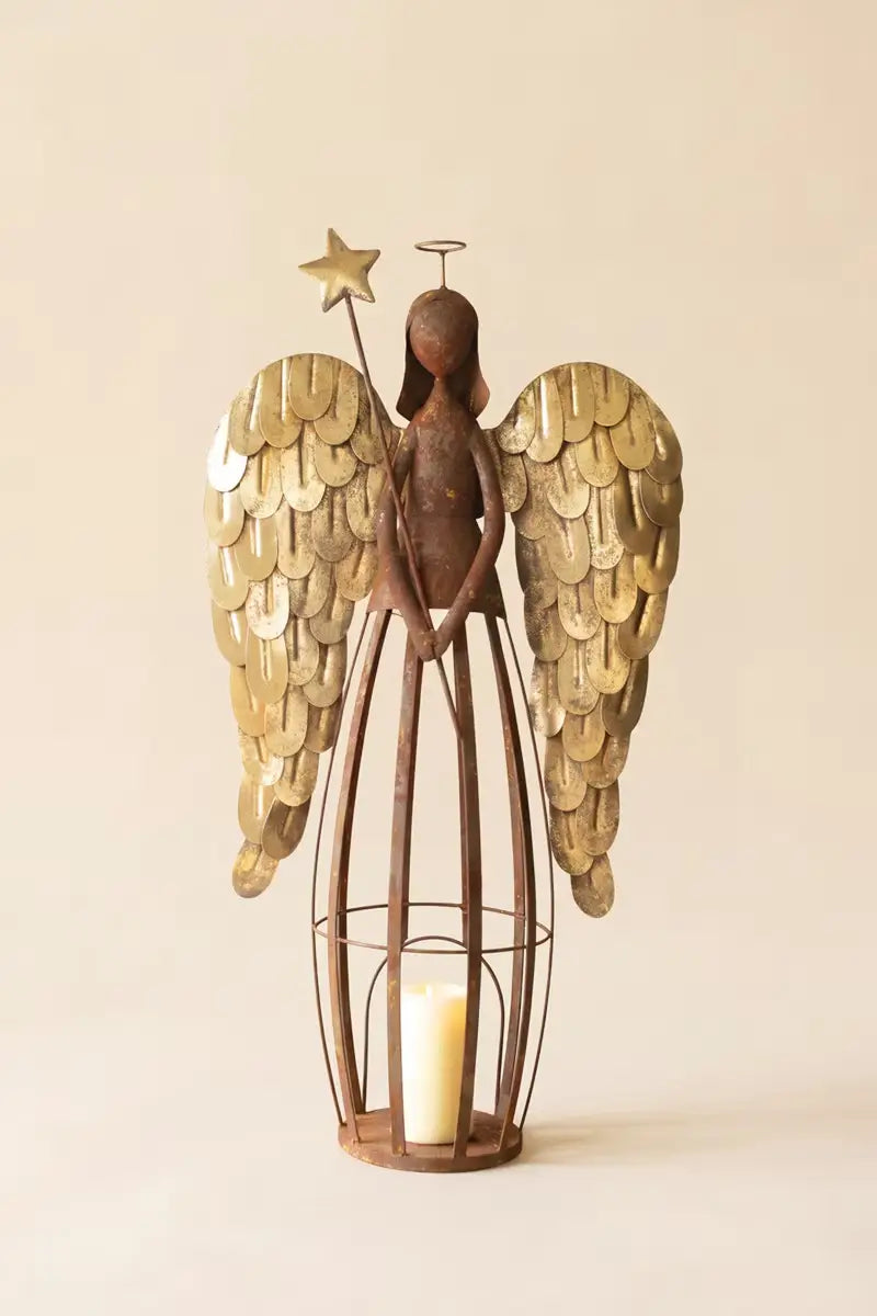 Rustic Metal & Gold Painted Christmas Angel Luminary