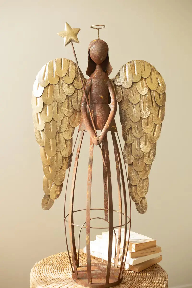 Rustic Metal & Gold Painted Christmas Angel Luminary