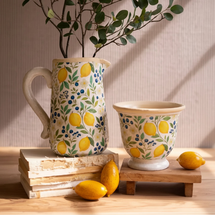 Cement Lemons Pitcher & Planter Set