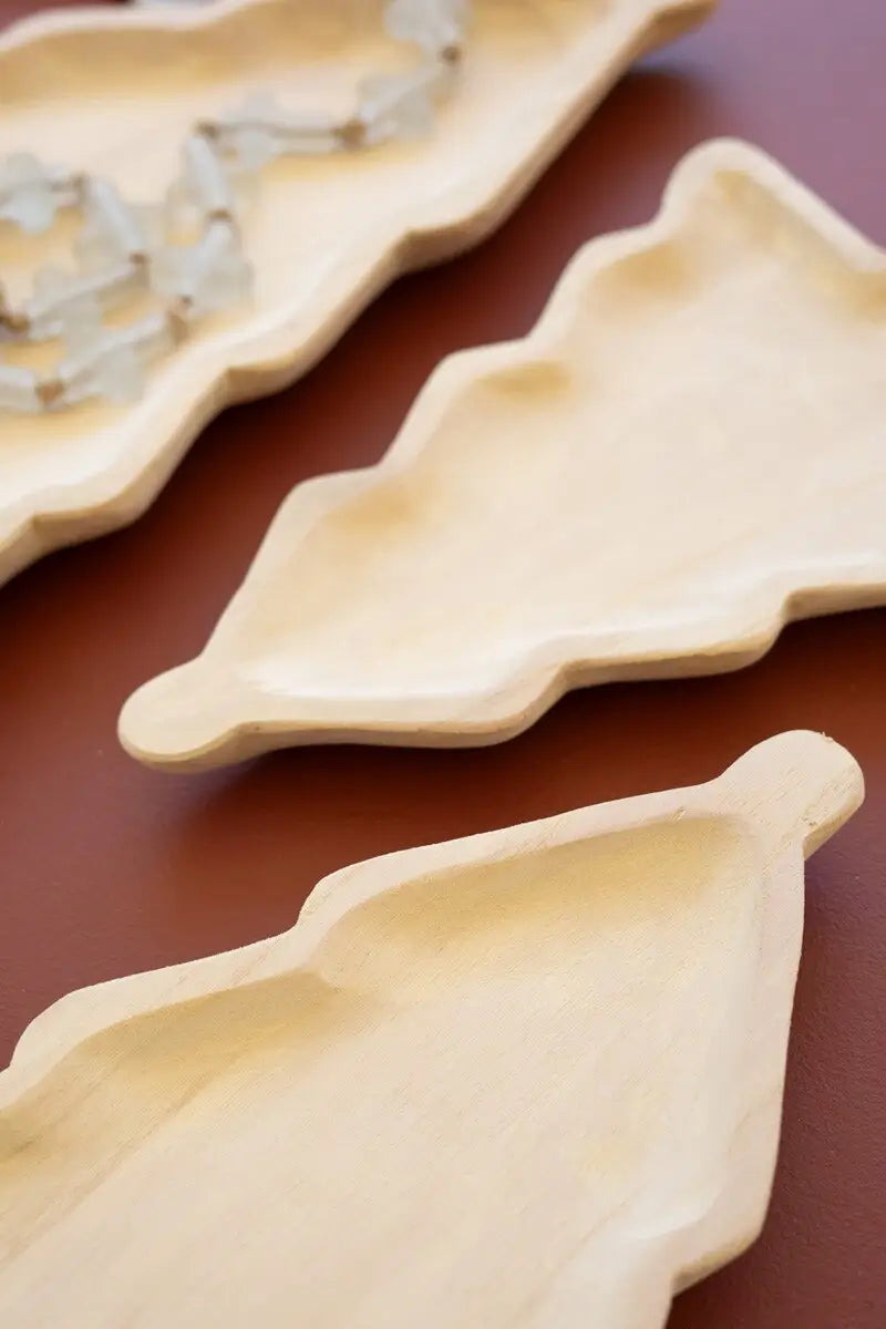 Carved Wood Christmas Tree Platter Set