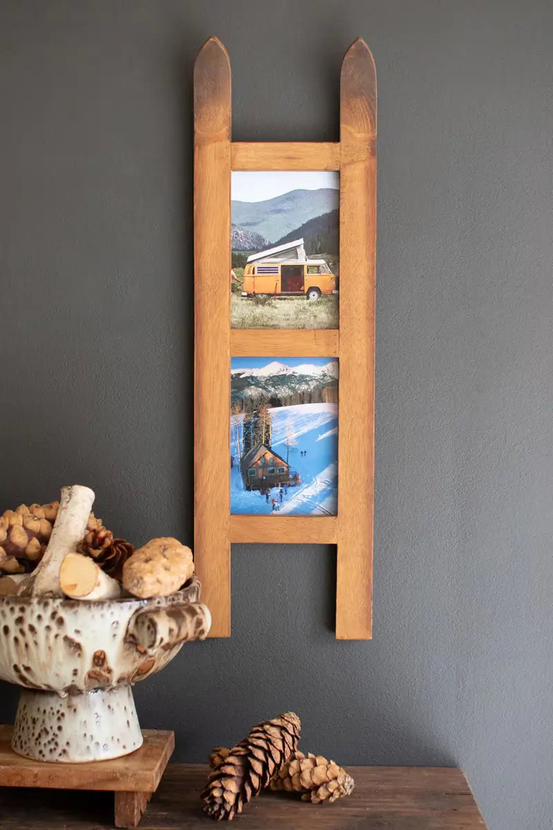 Wooden Snow Ski Double Photo Frame Set