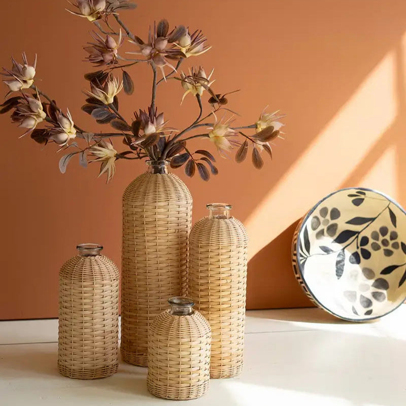 Rattan Wrapped Glass Vase Set