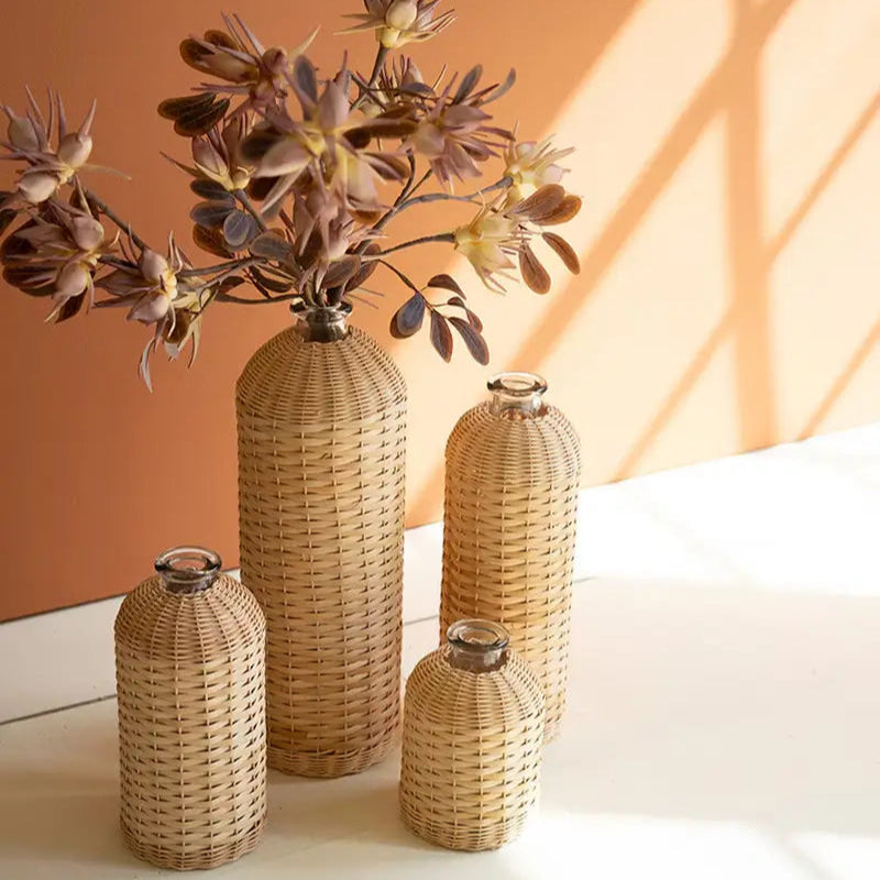 Rattan Wrapped Glass Vase Set