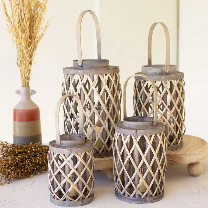 Grey Willow Cylinder Lanterns With Glass Set