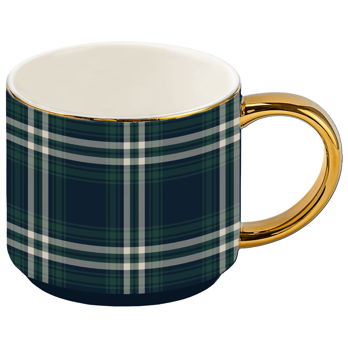 Navy Plaid Gold Handle Coffee Mug