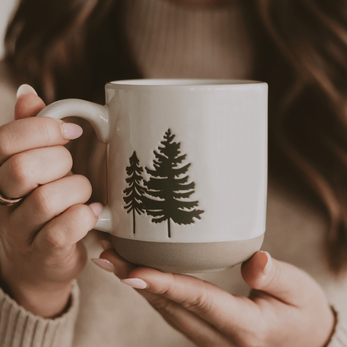 Green Trees Cream Stoneware Coffee Mug