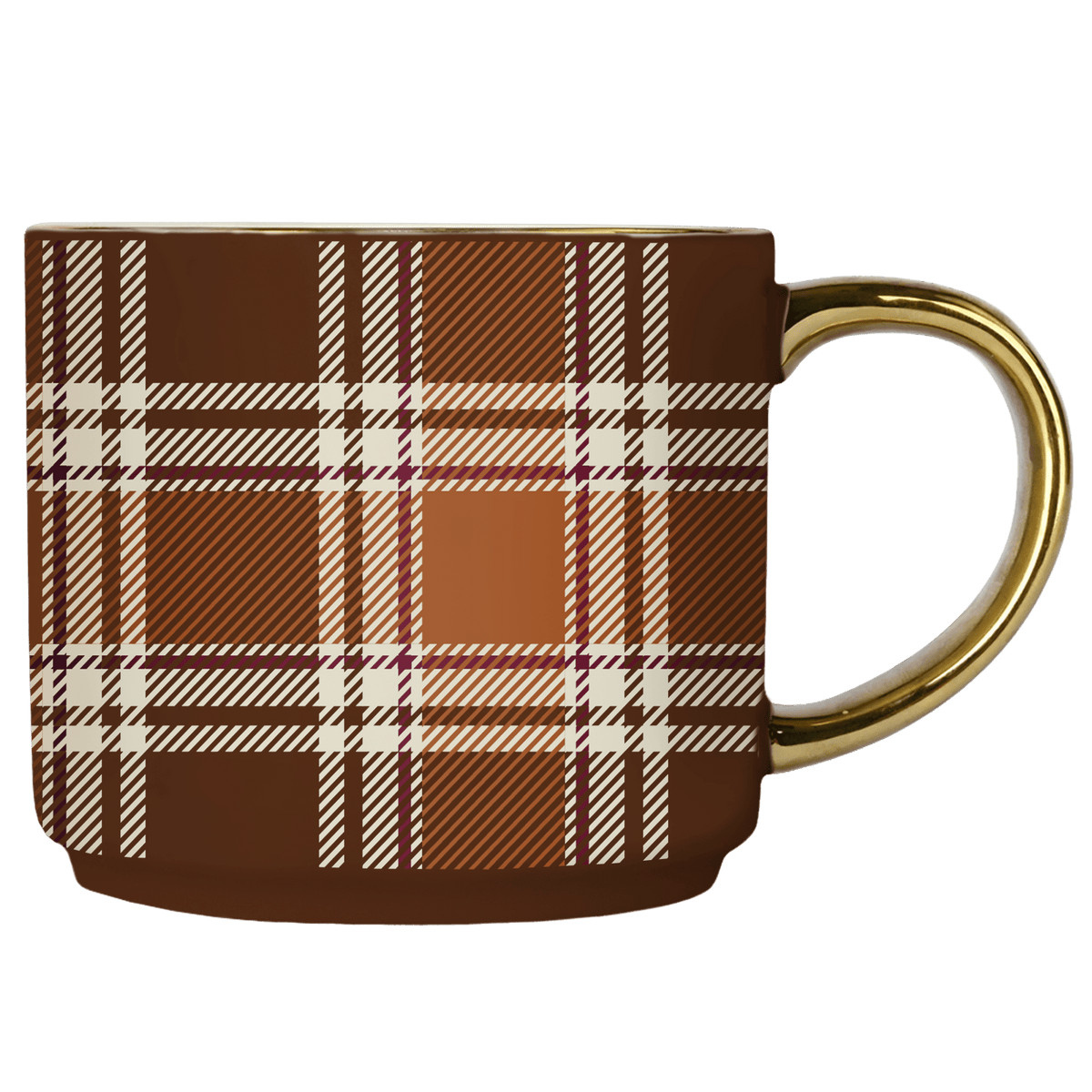 Brown Plaid Gold Handle Coffee Mug