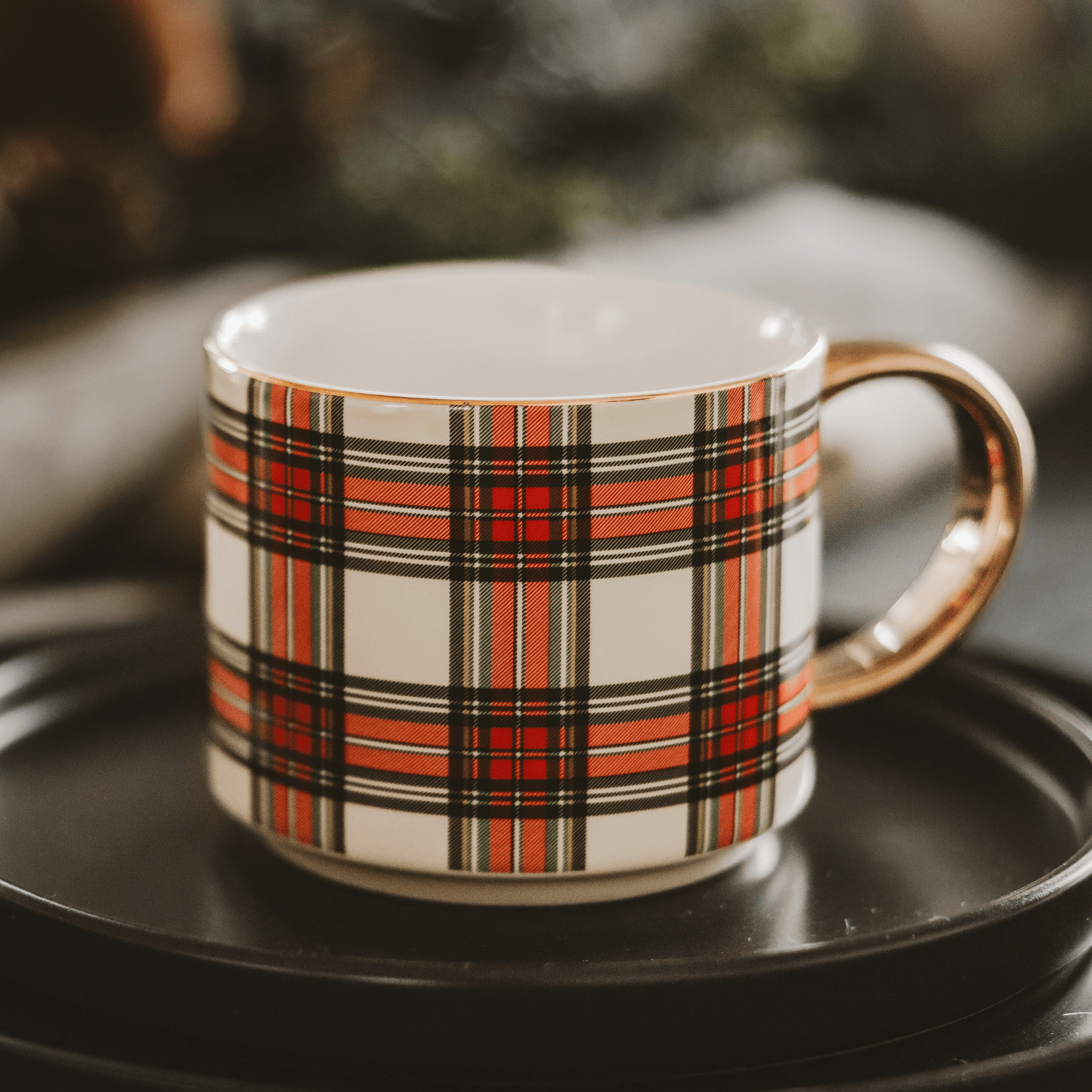 White Plaid Gold Handle Coffee Mug
