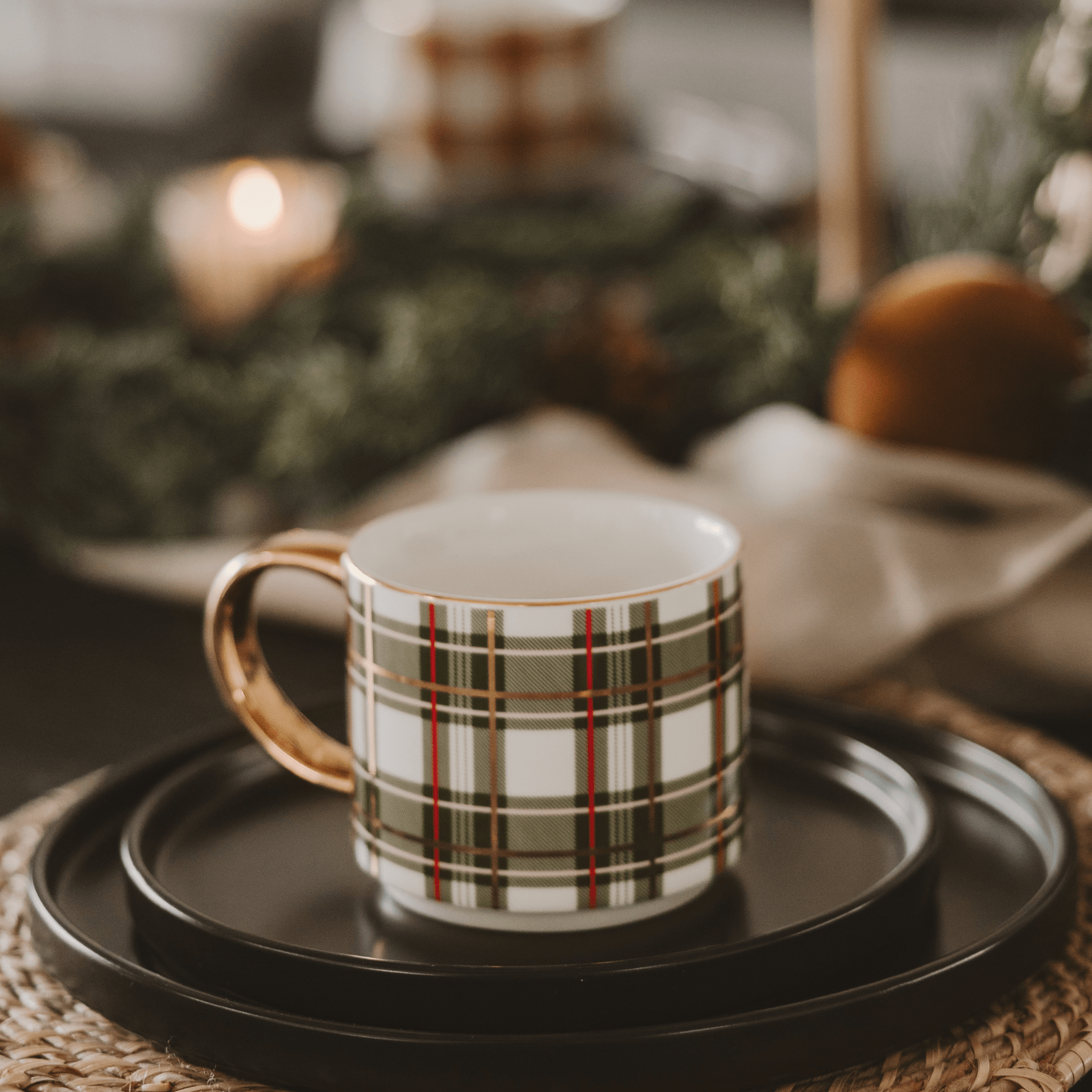 Green Plaid Gold Handle Coffee Mug
