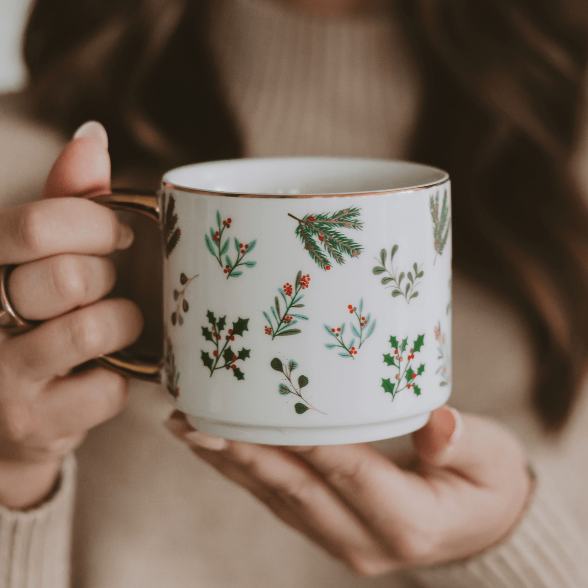 Holiday Greenery Gold Handle Coffee Mug