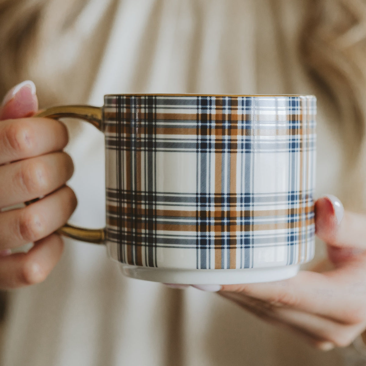 Orange Navy Plaid Gold Handle Coffee Mug