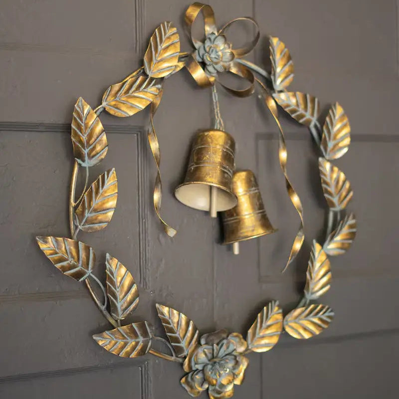 Antique Brass Leaves & Bells Christmas Wreath