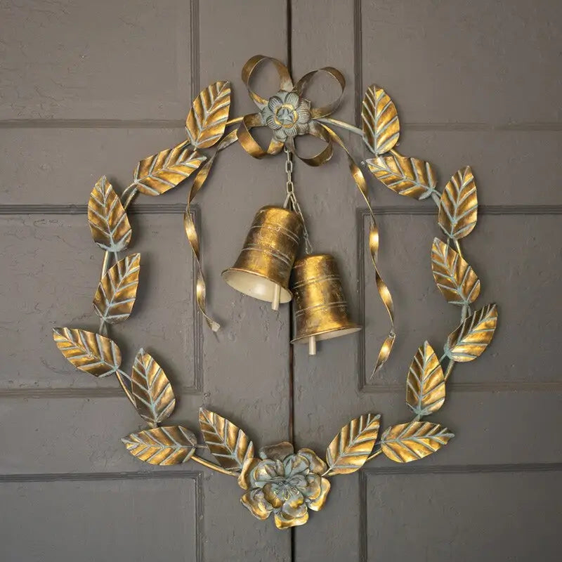 Antique Brass Leaves & Bells Christmas Wreath