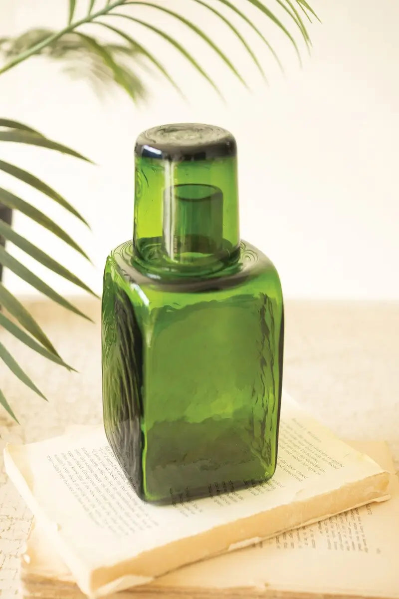 Green Recycled Glass Bedside Water Carafe & Drinking Glass