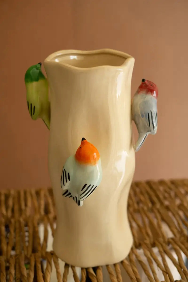 Ceramic Colorful Birds Log Vase