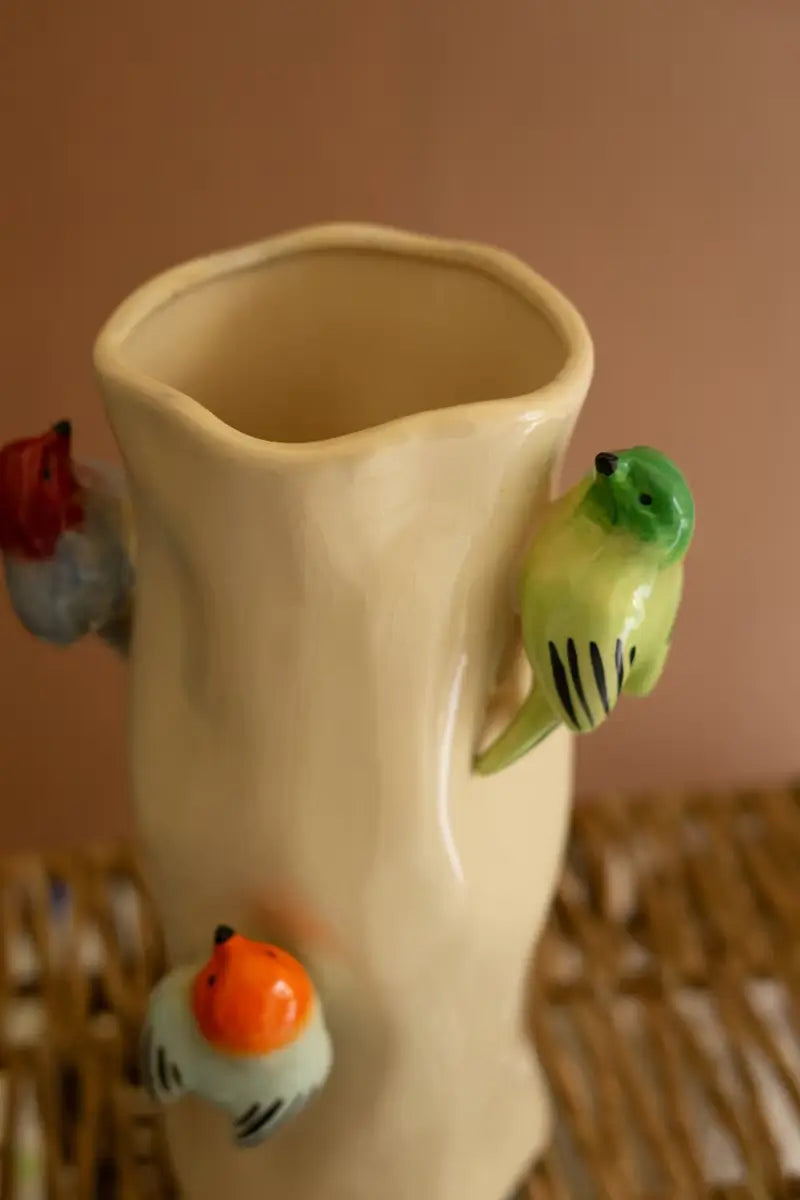 Ceramic Colorful Birds Log Vase