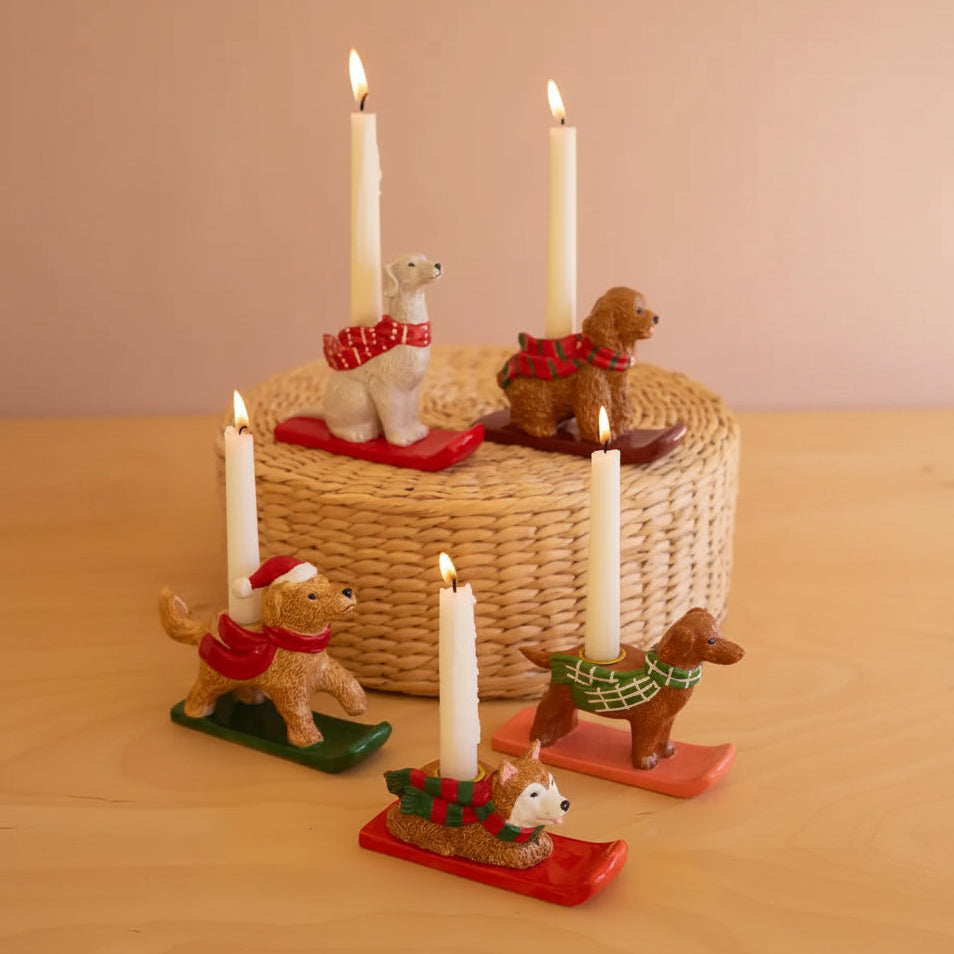 Ceramic Christmas Dog Taper Candle Holder Set