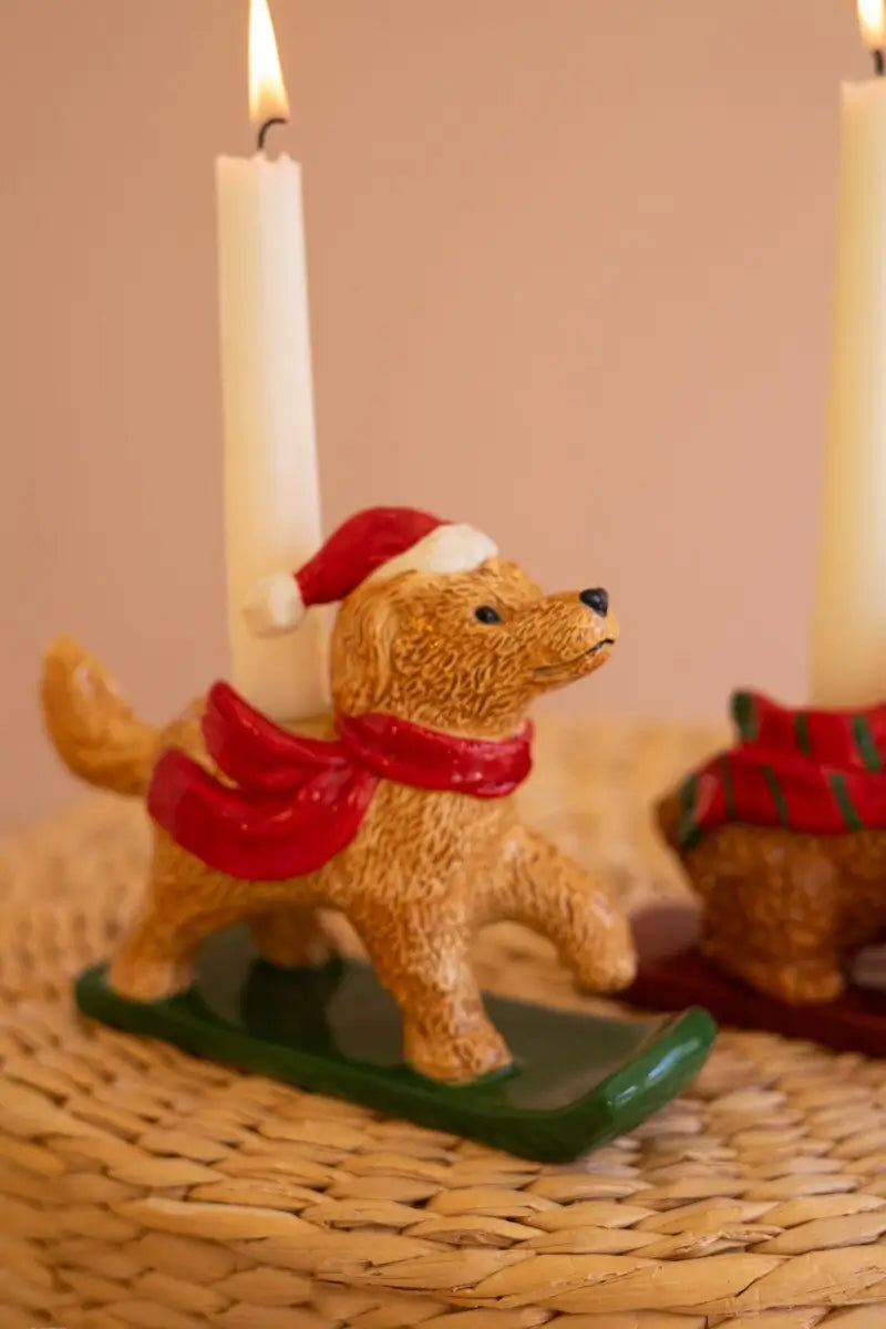 Ceramic Christmas Dog Taper Candle Holder Set