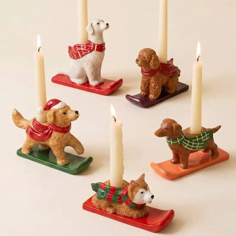 Ceramic Christmas Dog Taper Candle Holder Set