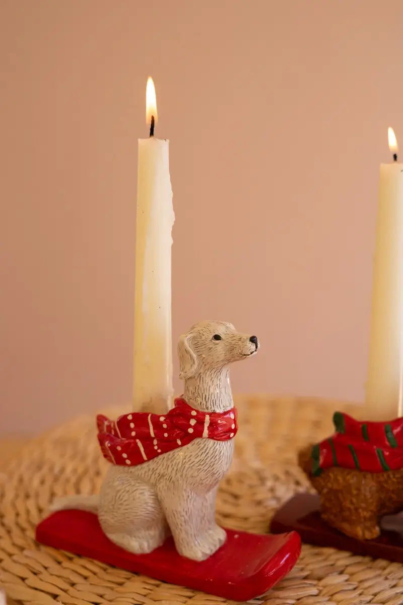 Ceramic Christmas Dog Taper Candle Holder Set