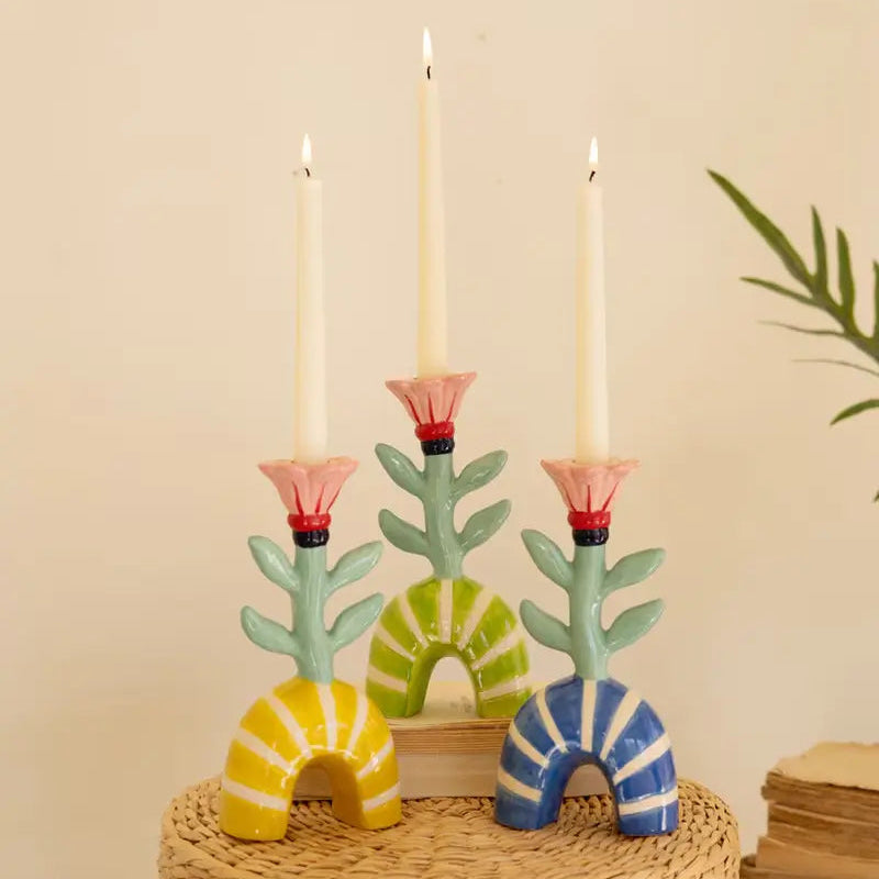 Ceramic Flower Taper Candle Holder Set
