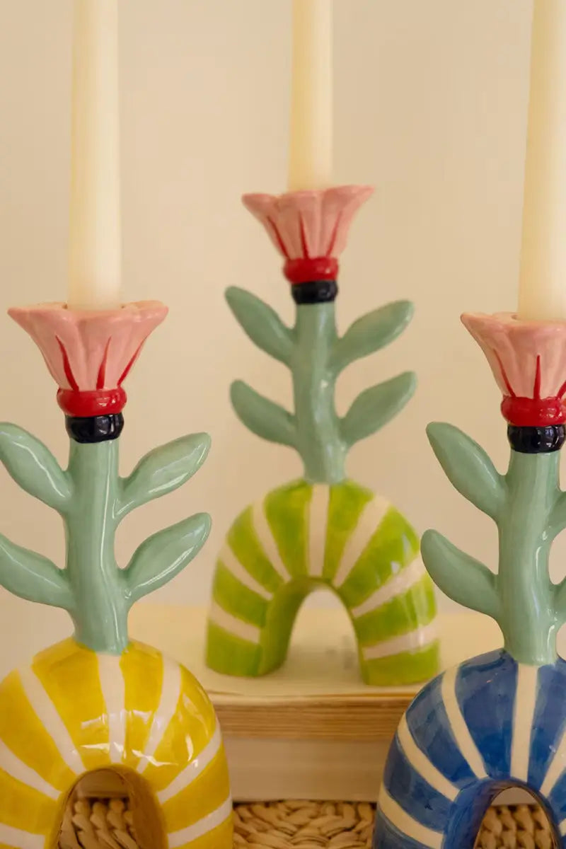 Ceramic Flower Taper Candle Holder Set