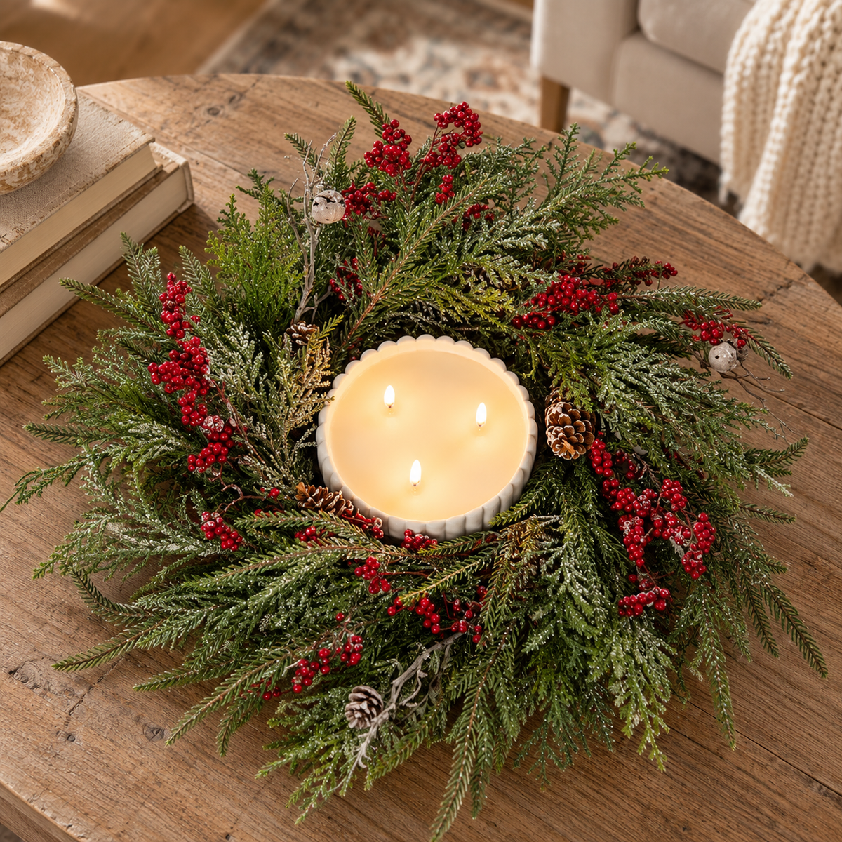 Cedar, Pine, Berries & Faux Twig Candle Ring