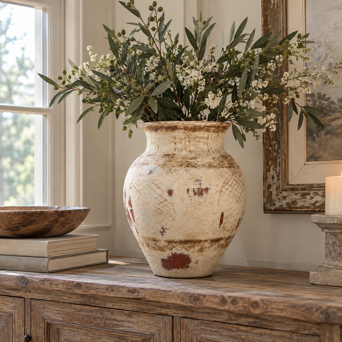 Distressed Cream Ceramic Urn