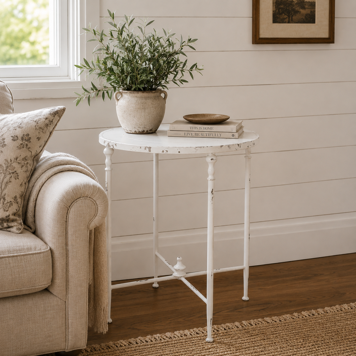 Antique White Metal Round Side Table