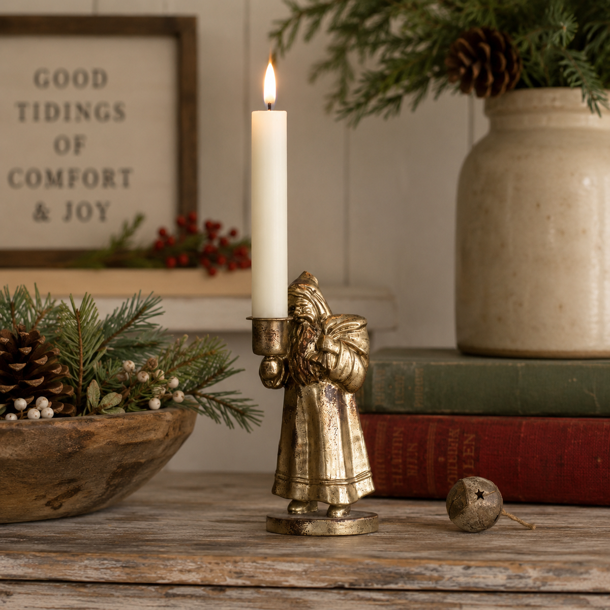 Gold Traveling Santa Taper Candle Holder