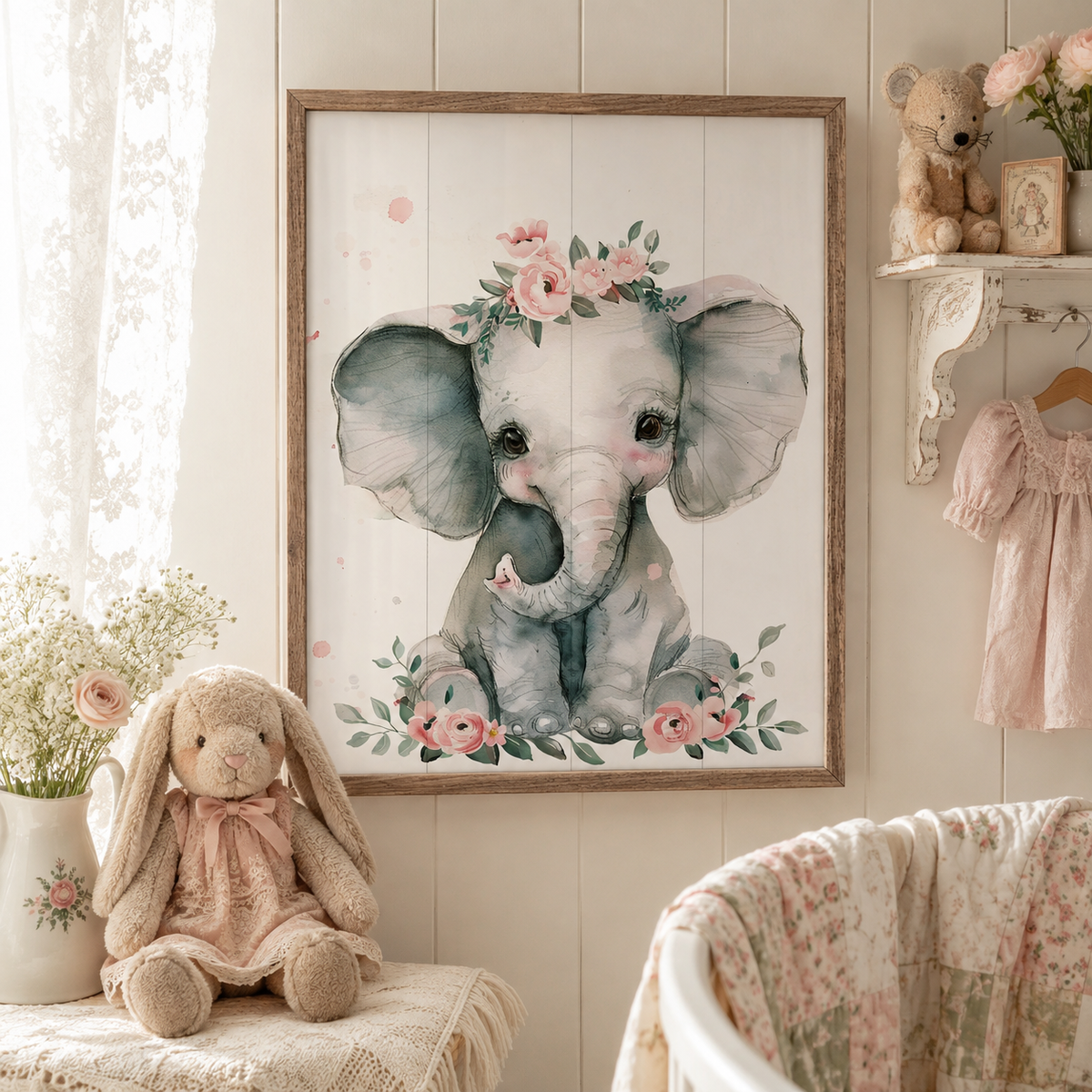 Nursery Floral Elephant Wood Framed Print