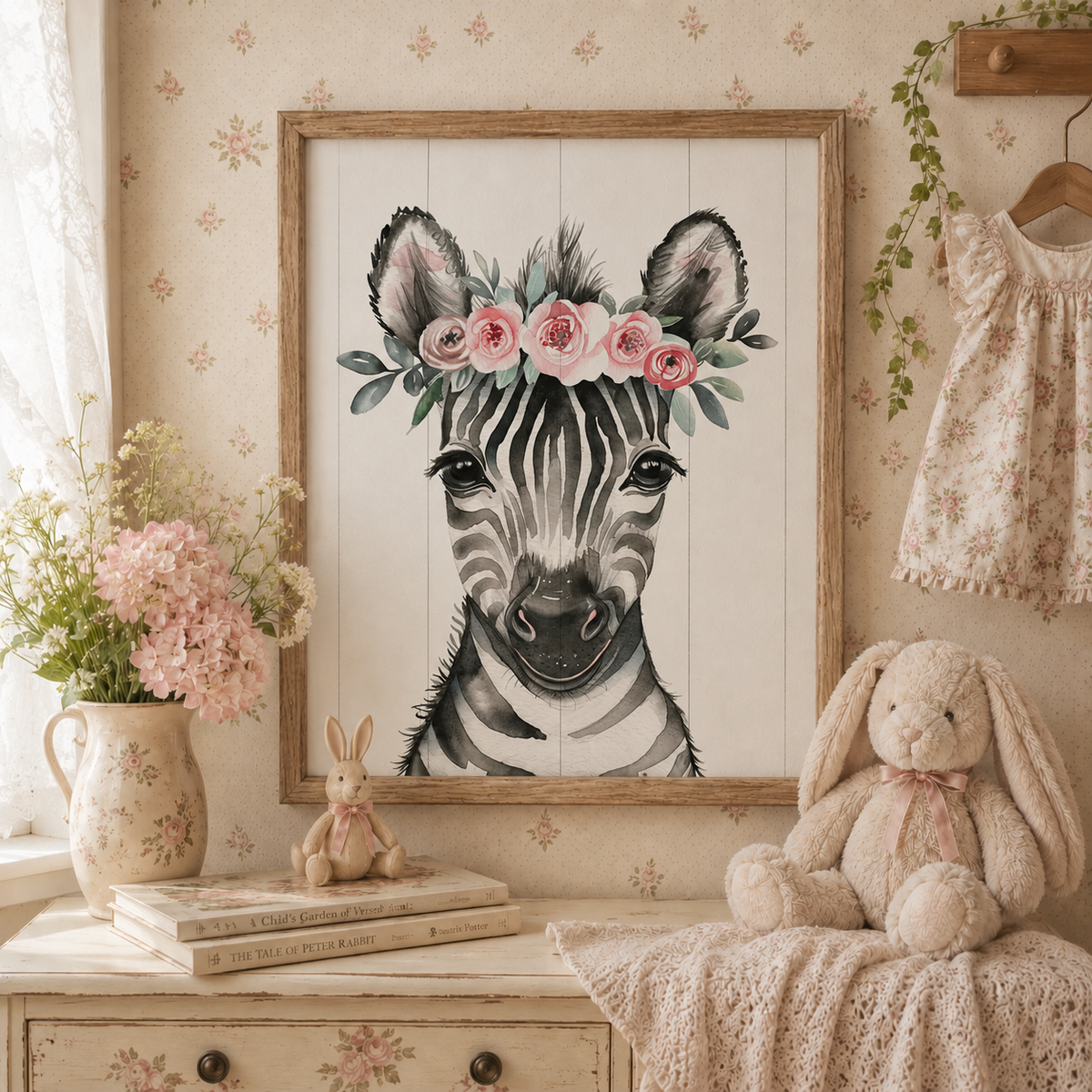 Nursery Floral Zebra Wood Framed Print
